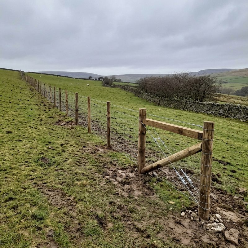 A newly completed stock fence line running across sloping pasture